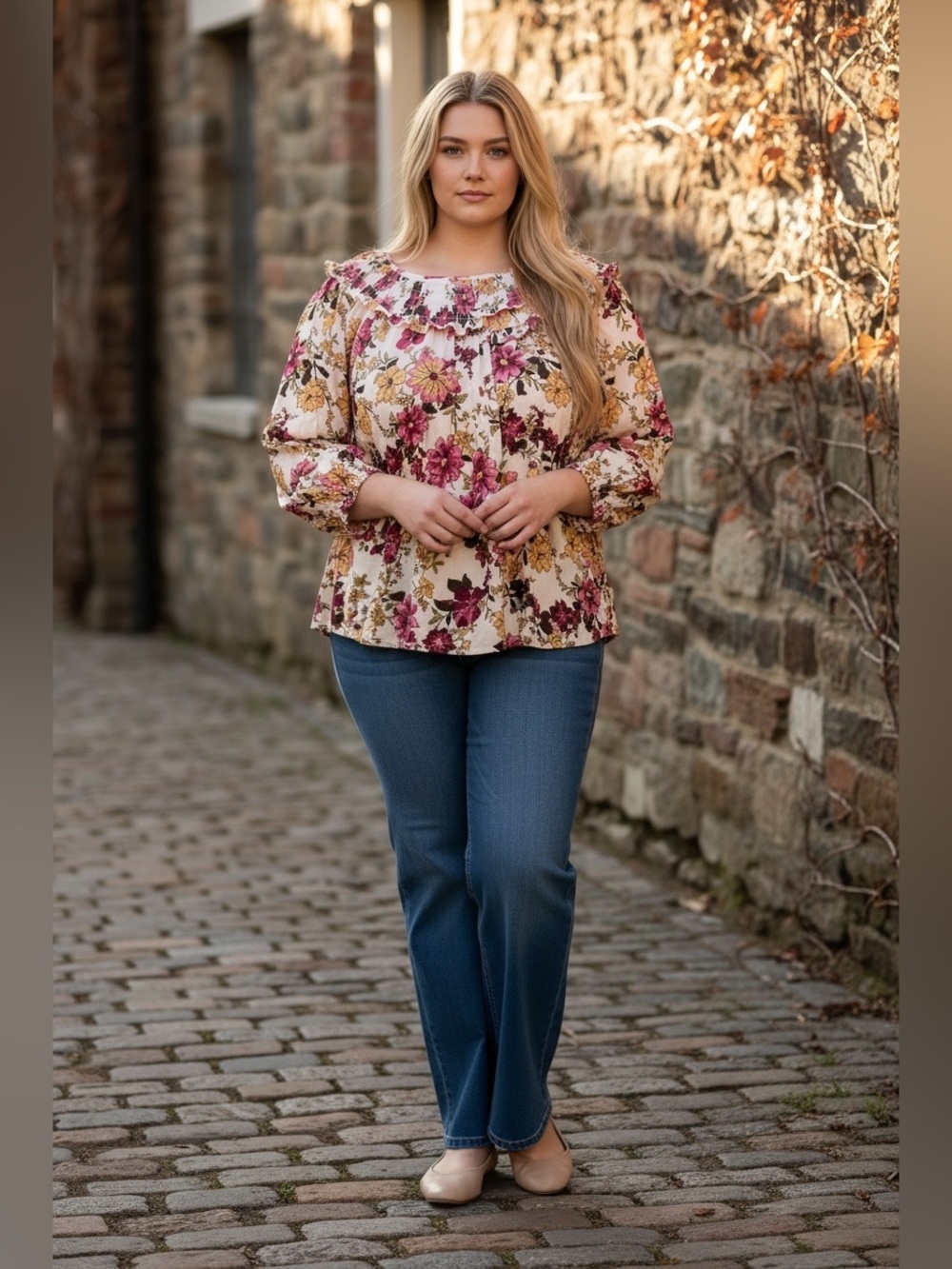 Cream Floral Smocked-Ruffle Blouse with Pink & Yellow Blooms